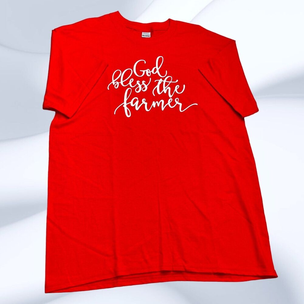 God Bless The Farmer‎ Graphic T-Shirt Red Gildan Tee Womens L